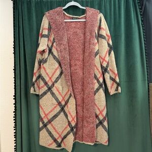 Joseph A. Red, Black, & Tan Hooded Cardigan Long Length Sz XL